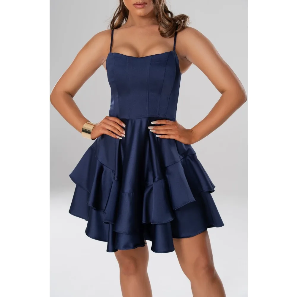 Customized Navy Blue Evening Dress Spaghetti Straps Ruffles Pleated Mini Wedding Gowns Ruched Short Elegant Formal Party Dresses