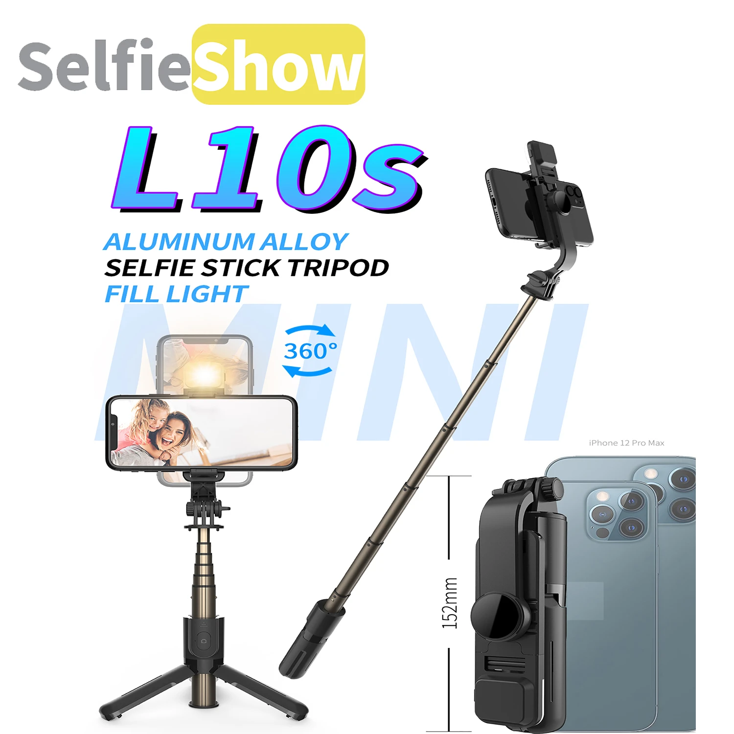 

Selfieshow L10s Aluminum Alloy Mini Bluetooth Tripod Selfie Stick Fill Light Extendable Stand Cell Phone For IOS Android Phone