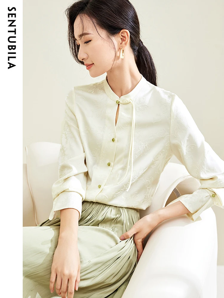 

Sentubila Chinese Style Jacquard Shirt Women 2026 Autumn Stand Collar Elegant Long Sleeve Blouse Plate Button Top 133C50459