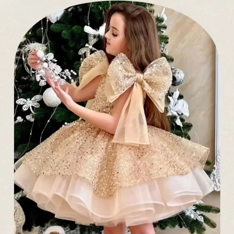 Lace Flower GirlOutfits Luxury Sequined Fluffy Grand Event Kids Clothes Dresses Matching Baby Birthday Party Princess