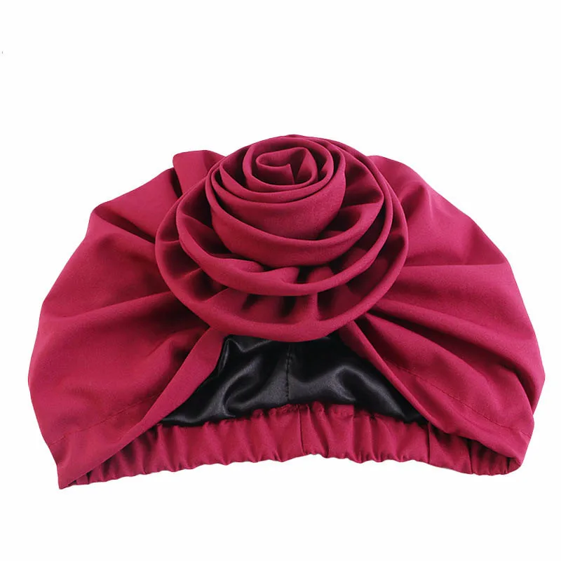 Big Flower Muslim Women Turban Satin Head Wrap Hijab Sleep Night Hat Chemo Cap Indian Elastic Beanie Ladies Hair Loss Headwear