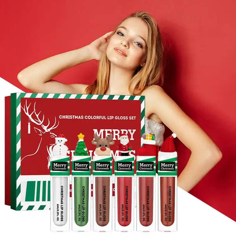 Christmas Lip Gloss Set Moisturizing 6-Piece Lip Balm Christmas Theme Lip Enhancer Holiday Non-stick Long Lasting Girls Lip