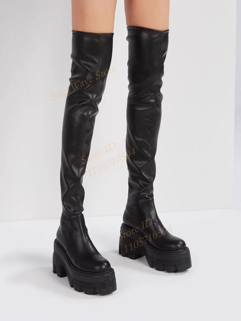 Over The Knee Thick Sole Boots Black Matte Leather Platform Zipper Runway 2026 Winter Autumn Women Dress Shoes Handmade