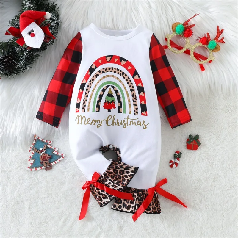 Toddler Christmas  Cute Reindeer Print Long Sleeve Round Neck Romper with Matching Flare Pants for Baby Girl