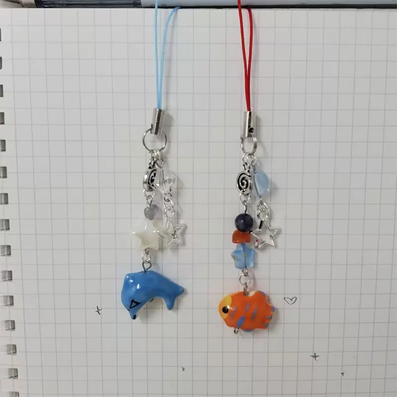 Ceramic fish beaded keychain, Y2K mobile phone chain cute ocean keychain - view 4
