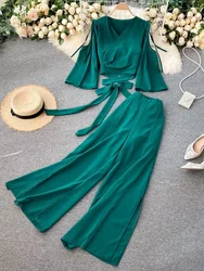 Summer Women's Suit Korean Retro Solid Color V-neck Tie Shirt + High Waist Split Wide Leg Pants Two-piece New Female Sets LH565