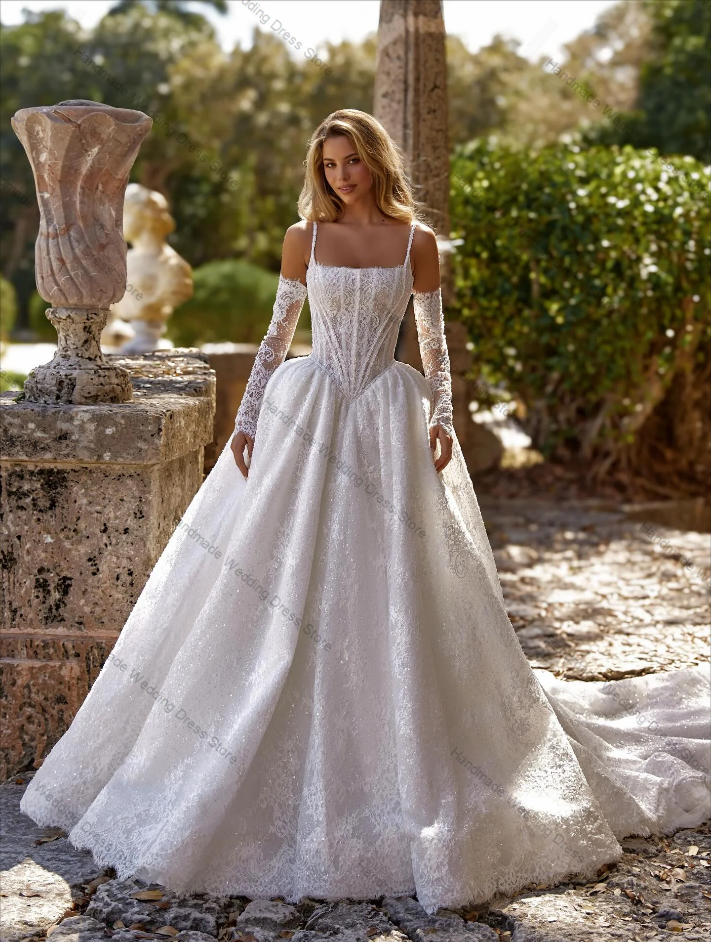 

Shiny Wedding Dress Sequins Crystals Sexy Stripe Sleeveless A Line Boho Bridal Gown Customized Lace Up Back Church Long Robe