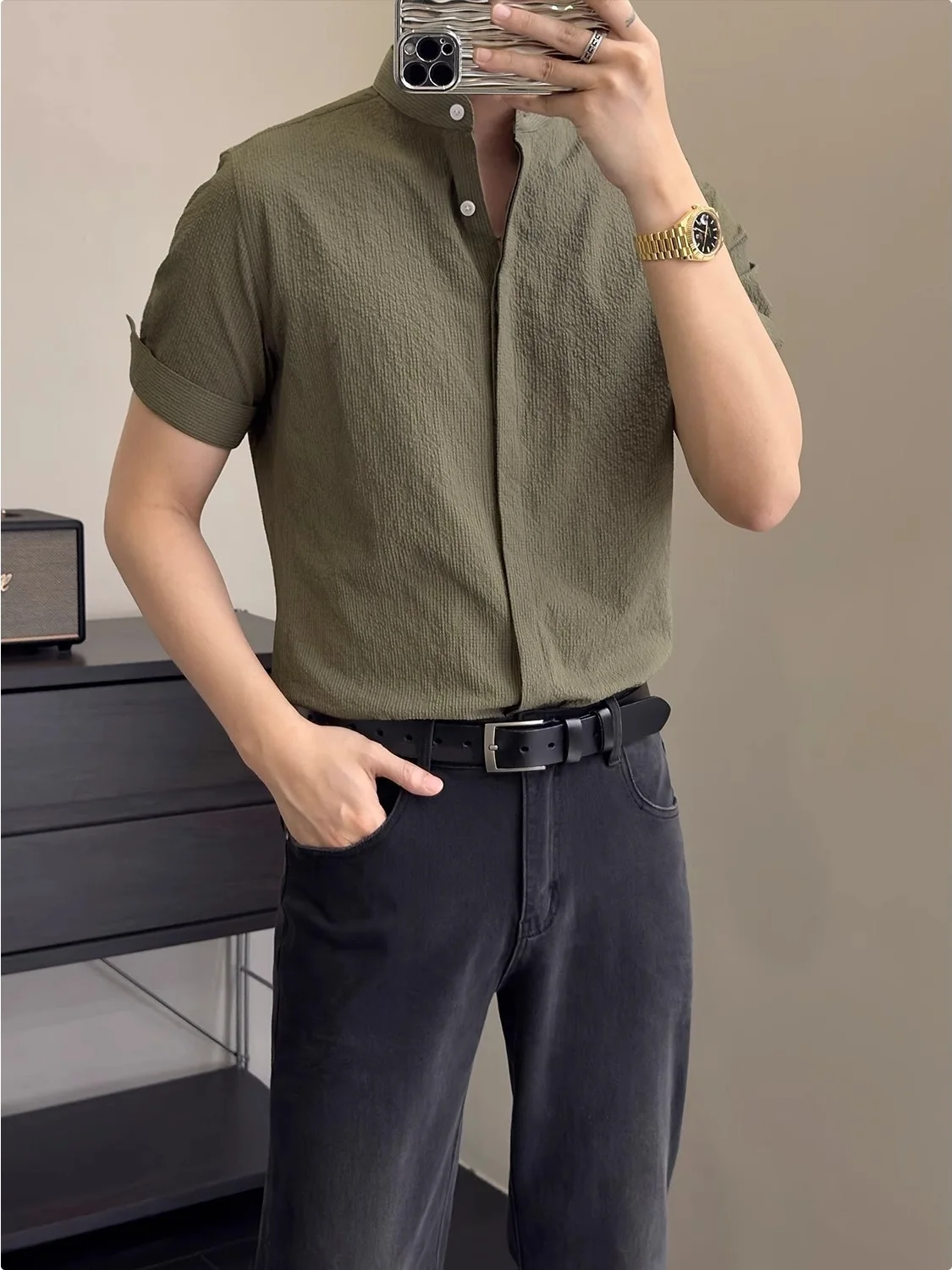 

Summer Men's Stand Collar Bubble irt Lightweight Breathable ort Sve Dra Texture Chinese Sle Casual Faion