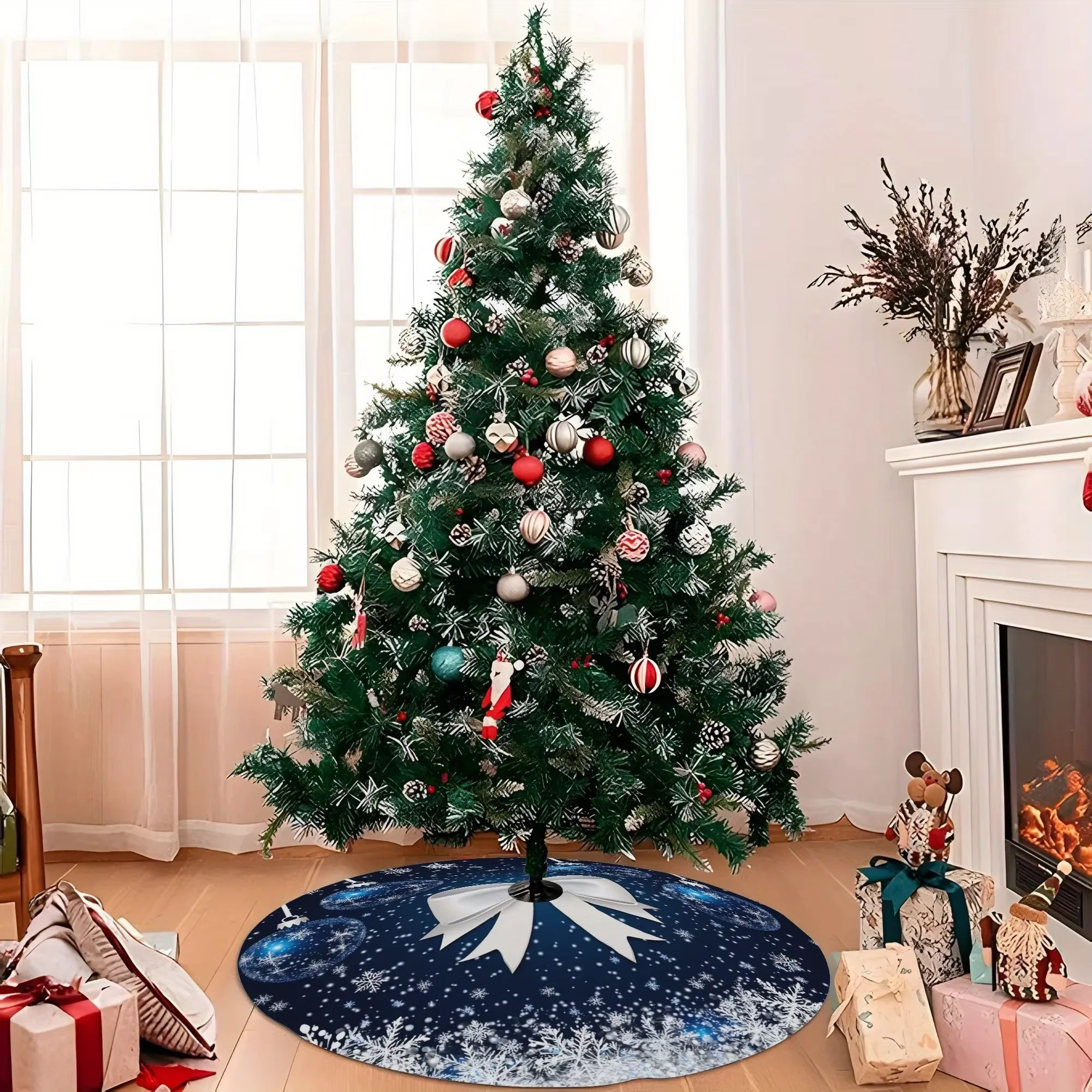 VIKAMA Weißer Weihnachtsbaumrock mit Schleife und Schneeflocke in Blau, geeignet für Partydekorationen für festliche Jahreszeiten zu Hause und im Büro