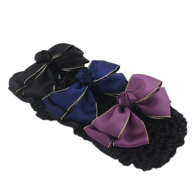 Women Flowers Double Bow Barrtte Hair Bun Hair Clips Hair Accessories Cover Net Satin Ribbon Hair Barrette Work Headdress