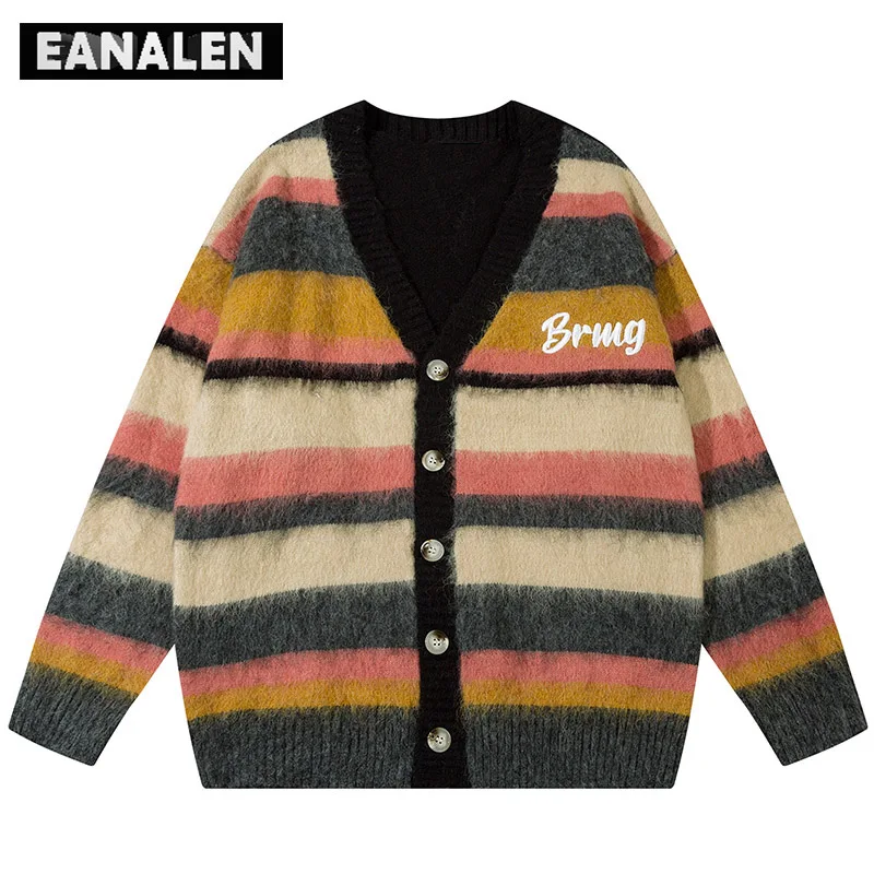 Harajuku Vintage Striped Cardigan Women\'s Winter Oversized Knitted Button Cardigan Jacket Jumper Casual Grandpa Ugly Sweater men