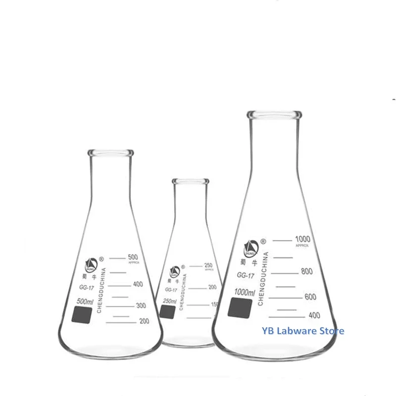 Flacone triangolare conico a collo largo dritto in vetro borosilicato da 1PC da 50ml a 1000ml per apparecchiature chimiche da laboratorio