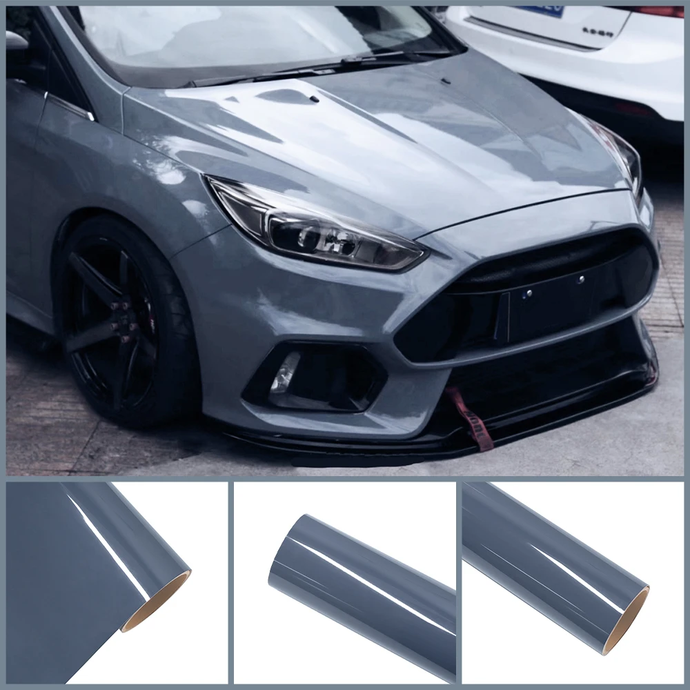 Película de vinilo de envoltura de PET gris cemento brillante de alto brillo, calcomanía de PVC para todo el cuerpo del coche, pegatinas de cubierta protectora DIY, accesorios de sintonización automática