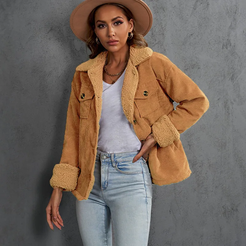 

Женская вельветовая куртка, теплая утолщенная флисовая подкладка, зимняя верхняя одежда с меховым воротником в стиле ретро, европейско-американский стиль Shiying