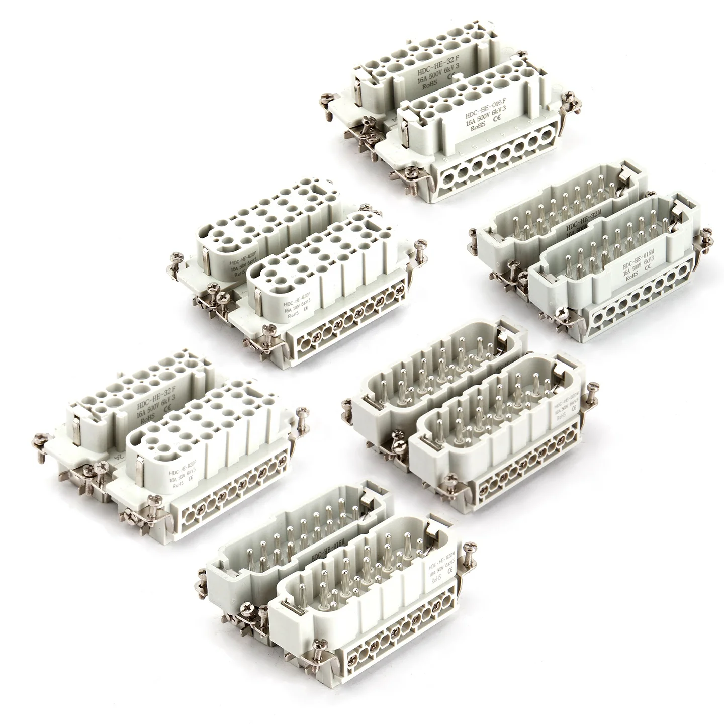 HE-032/HE-036/HE-040 High Current 16A 500V Heavy  Connector Male Female Insert Crimp IP65 Power PCB Copper Alloy