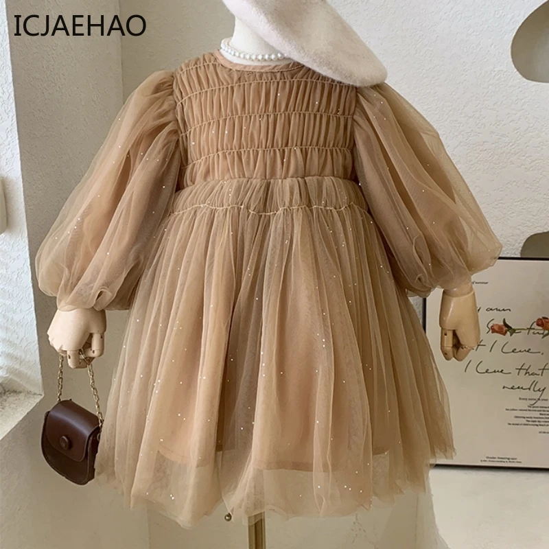 

New 2-10 Years Children Solid Long Sleeve Pleated Dress Baby Girls Princess Ball Gown Party For Kids Autumn Spring Matching