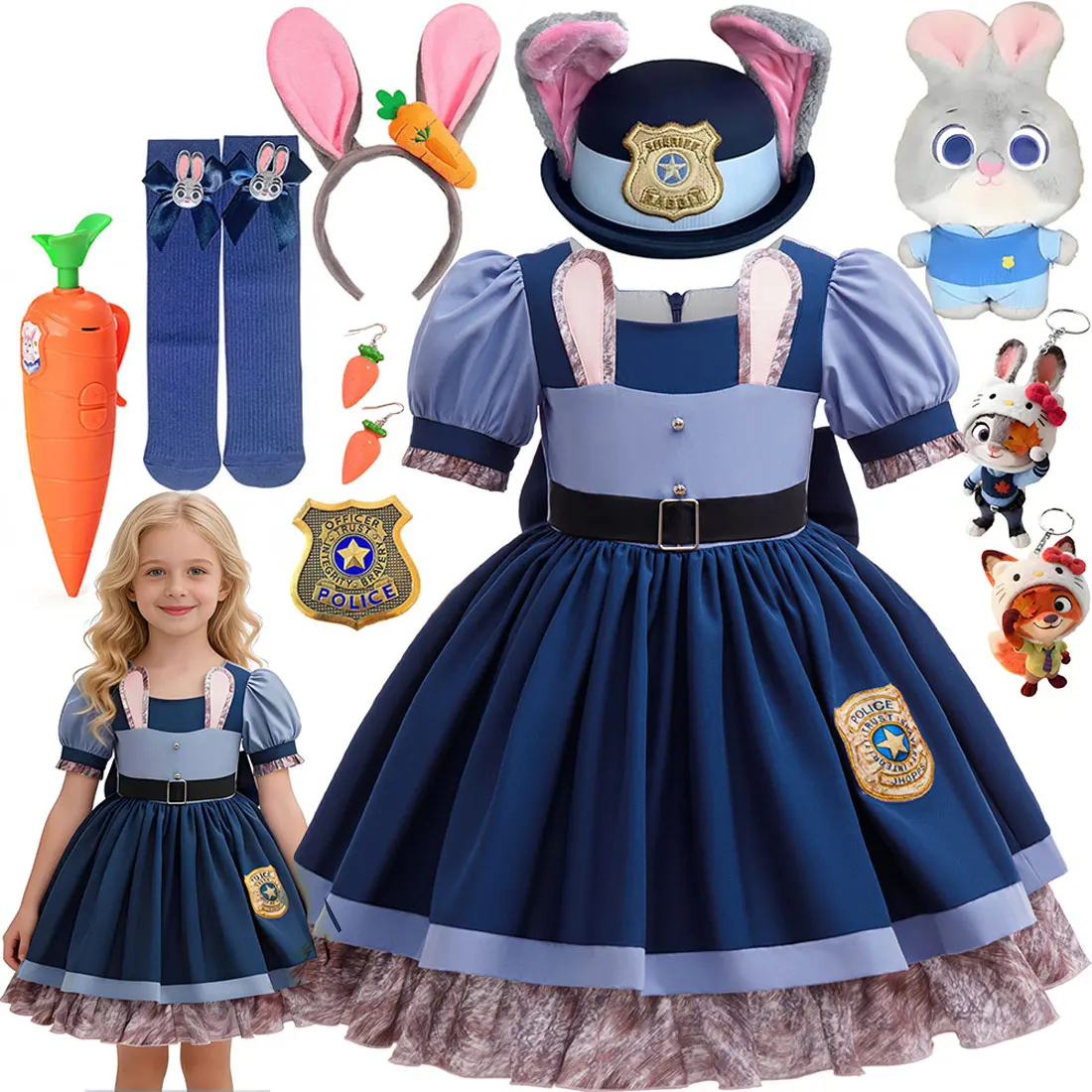 

Костюм для косплея для девочек: платье полицейского Джуди Банни из Зоотопии 2, платье принцессы Диснея, милое и красивое платье с короткими рукавами для вечеринок