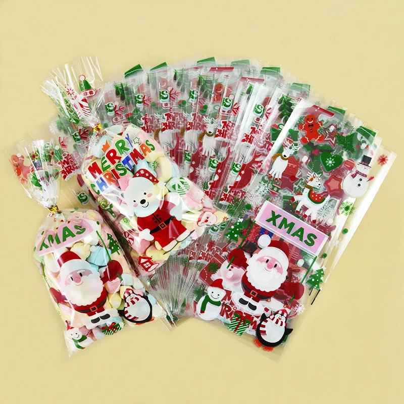 

50pcs Christmas Plastic Gift Bag Santa Claus Snowman Cookie Candy Biscuit Packaging Bag Merry Christmas Decor New Year Snack Bag