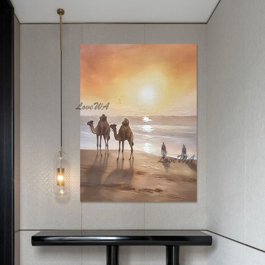 Wall Picture For Restaurant Camel Beautiful Sunset Abstract Landscape Oil Painting Frameless Acrylic Modern Art Home Decor