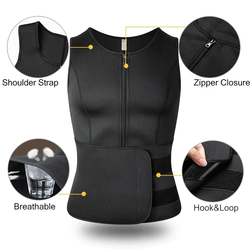 Neoprene Men Body Shaper Sweat Waist Trainer Vest Adjustable Workout Shapewear with Double Zipper Slimming Corset Sauna Suit