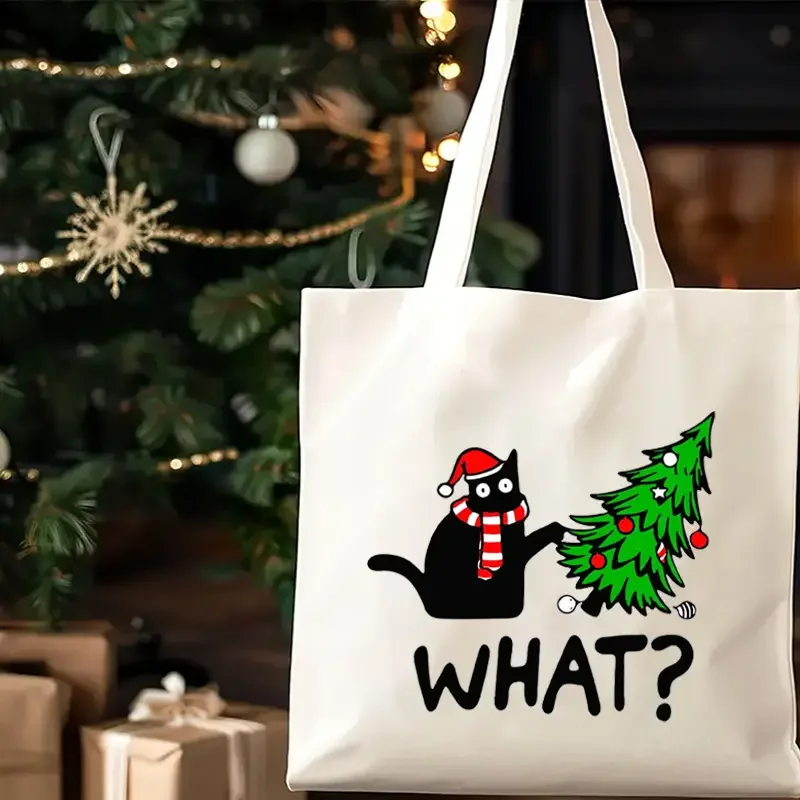 Bolsa de mano con diseño de gato navideño, bolsa de compras navideña con diseño festivo de gato negro y árbol de Navidad, bolsas navideñas para regalos de Navidad