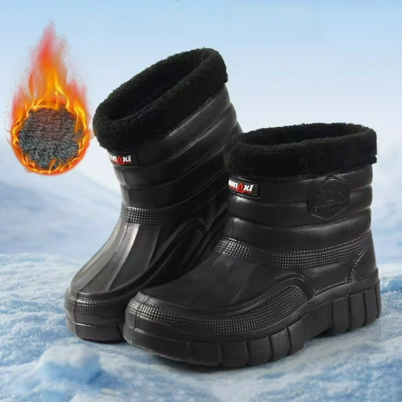 

Men's Boots Waterproof Snow Boots Fleece Lined Round Toe Cotton Shoes Black High Top Work Boots EVA Wear Resistant Rain Shoes
