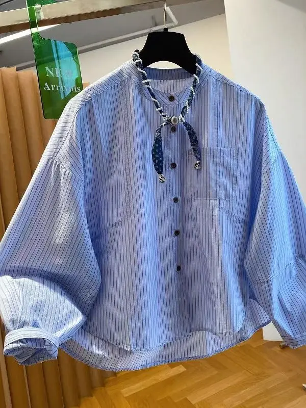 High-End Striped Artistic Style Stand Collar Shirt with Belt Long Sleeve Loose Fashionable Silk Scarf Tied Top for Women