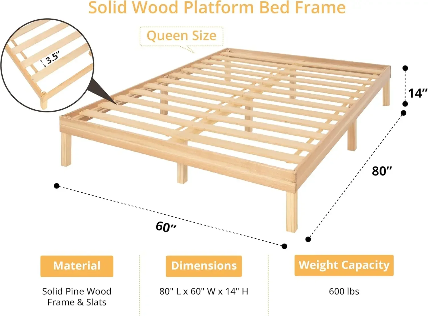 14 Inch Solid Wood Platform Bed Frame, Pine Wood Platform , No Squeak