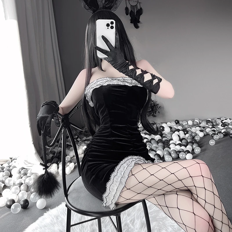 

Sexy Cute Cosplay Bunny Girl Costume Women Velvet Lace Mini Bodycon Dress Strapless Erotic Anime Uniform Clubwear Party Clothes