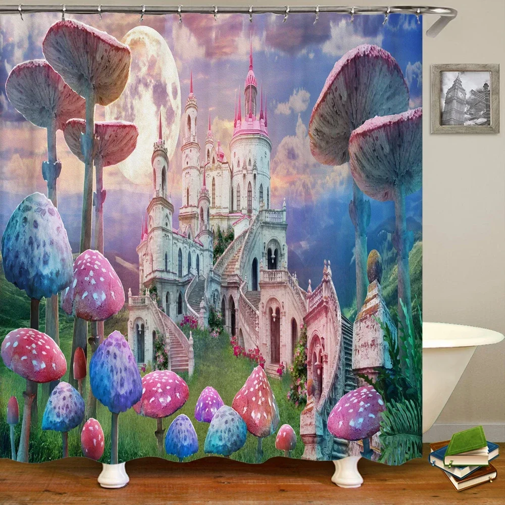 Dreamy Castle Shower Curtain Pink Spring Floral Fantasy Garden Forest Psychedelic Mushrooms Girls Waterproof Bathroom Curtains