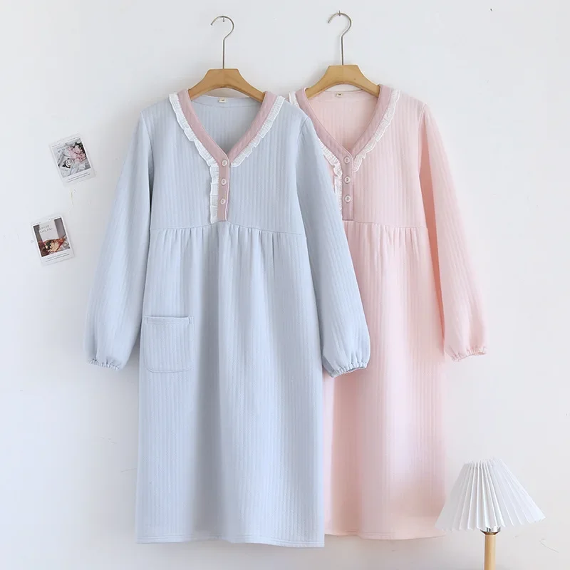 Autumn and Winter New Women\'s Long Skirt Thickened Thermal Nightdress 100% Cotton Cotton Clip Long Sleeve Home Dress sleepwear