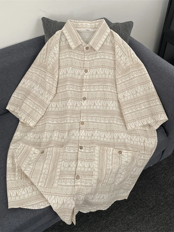 

Summer Thin Short Sleeve Loose Casual Beach Shirt Men's Fashion Ethnic Print Top Couple's Leisure Beach Shirt