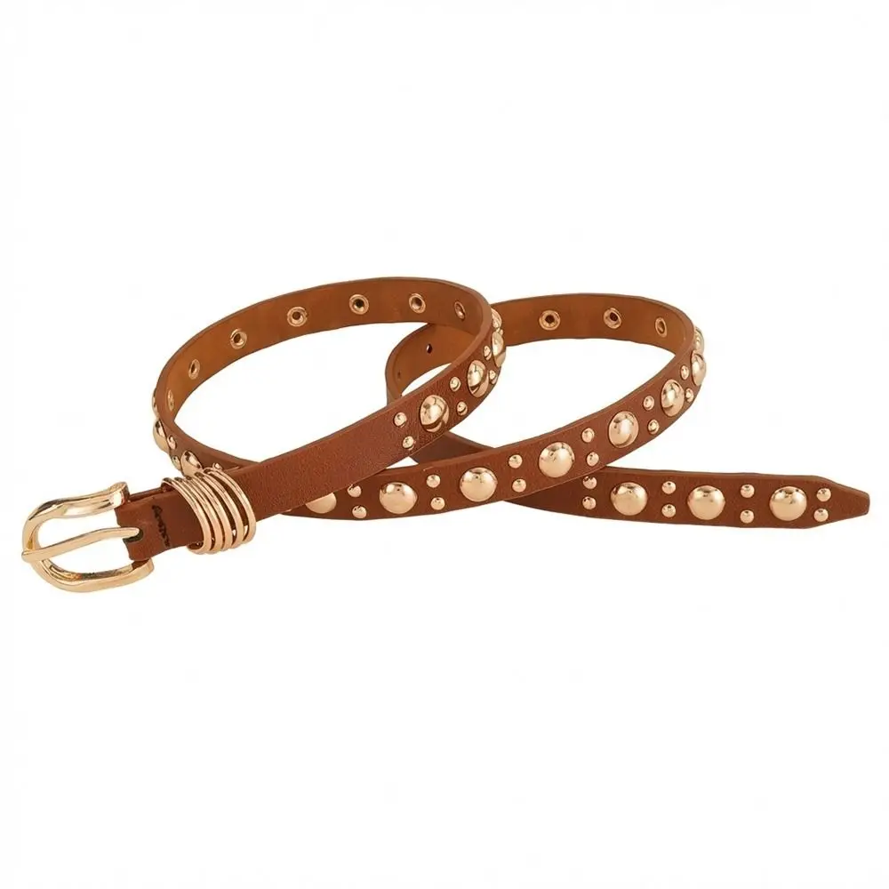 Punk Style Metal Buckle Inlaid Gold Mushroom Stud Belt Pu Leather Thin Rivet Heavy Metal Belt Dress Waistband Women's