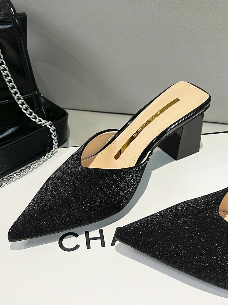 

Ele Satin Slip-On Slippers for Women Outdoor Wear Thi Heel Summer New Pointed Toe High Heel Cool Mule oes Women