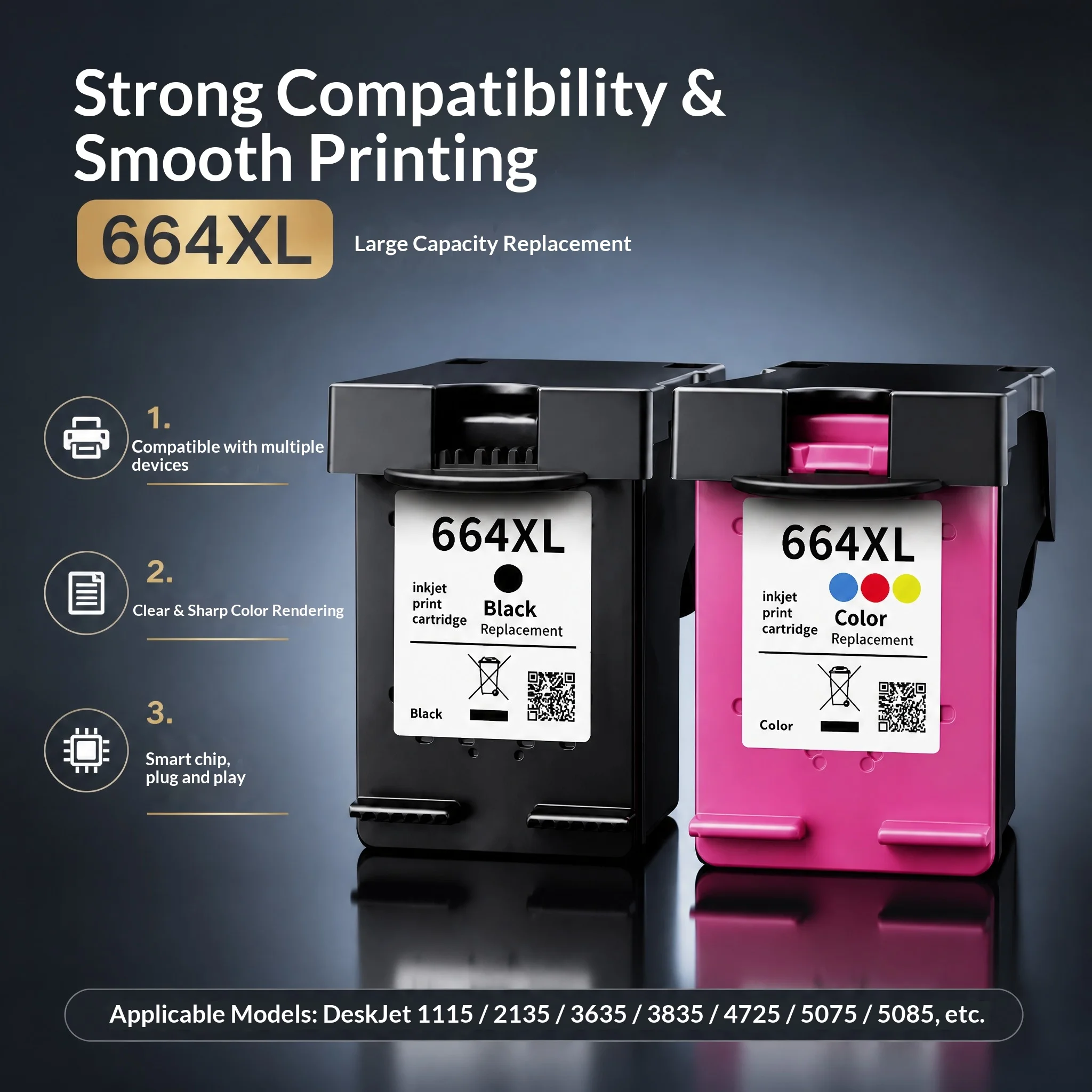 Compatible with Hp 664 Ink Cartridges for Models 2675, 2676, 2677, Deskjet 2678, 1115, 2135, And 2135; 664xl Ink Cartridge