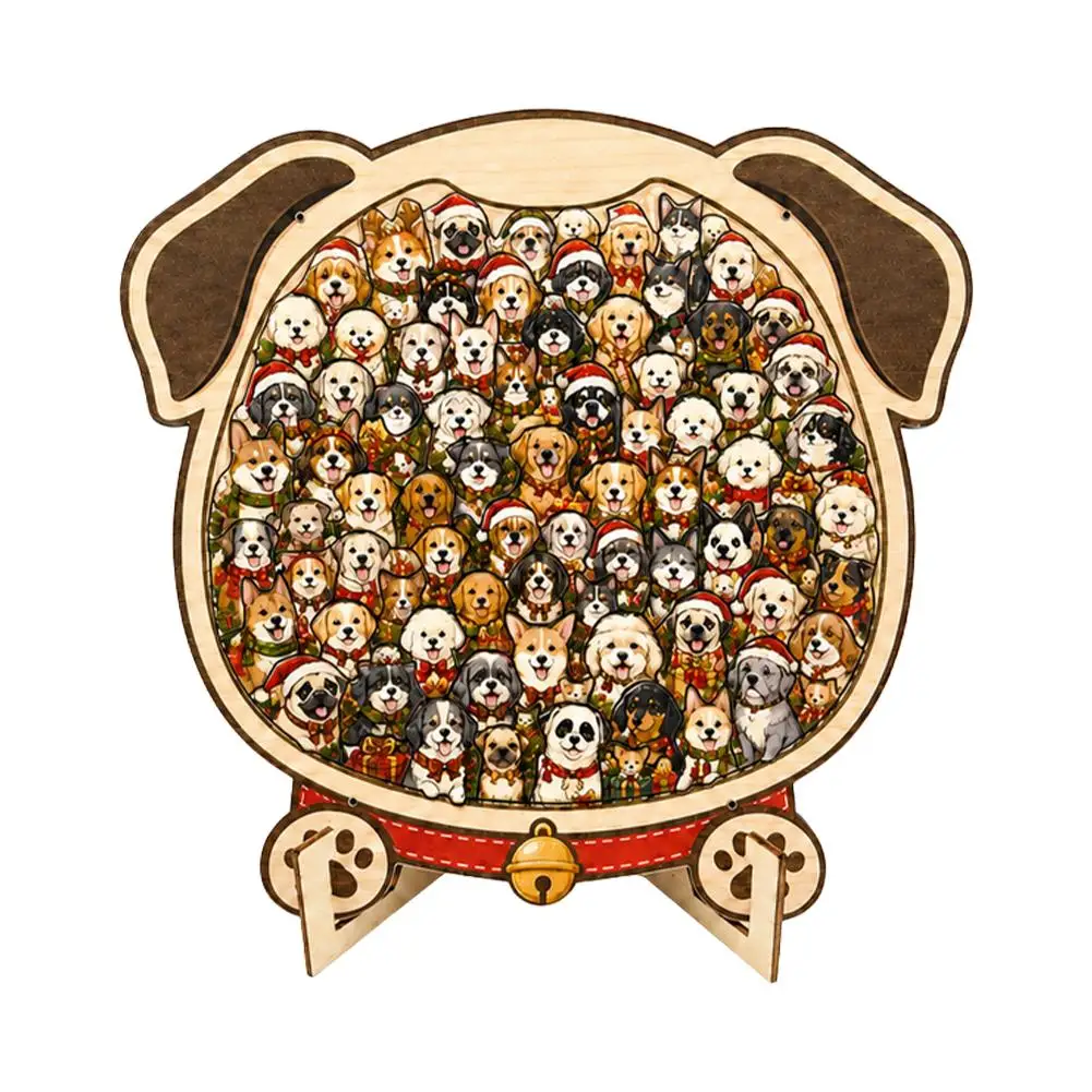 Christmas Dog Wooden Jigsaw Puzzle Unique Shaped Desktop Ornament Frame Display DIY Assembly Toy Holiday Present Decor