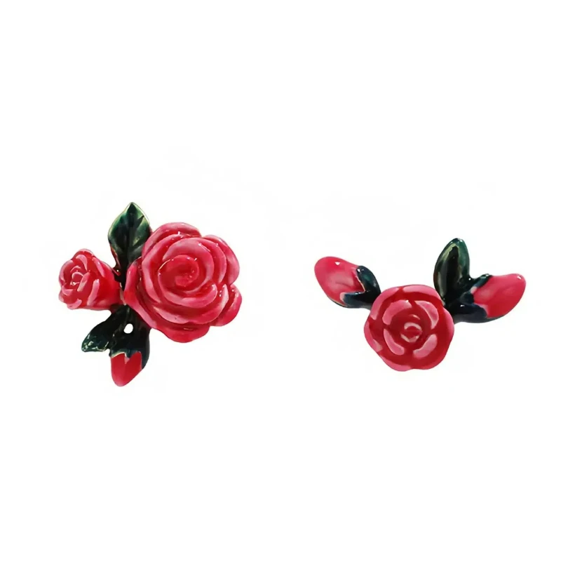 

Fashion Hand-painted Thorn Rose Red Enamel 925 Sterling Silver Needle Asymmetry Flower Retro Niche Design New Year Jewelry Women