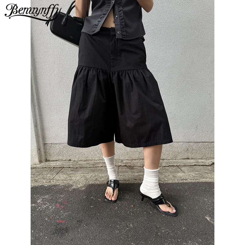Benuynffy Solid Color Loose Wide Leg Half Pants Women 2026 Summer New Fashion Korean All Match Casual 2000s Female Cropped Pants