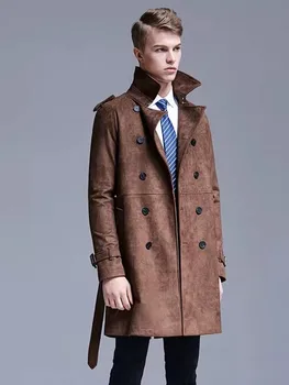 Men's Faux Suede Double-Breasted Trench Coat 2 Business Men Autumn Work Faux Suede Leather Double Breasted Trench Coat Fashion Belted Slim Fit Windbreaker Overcoat Size S-6XL 2