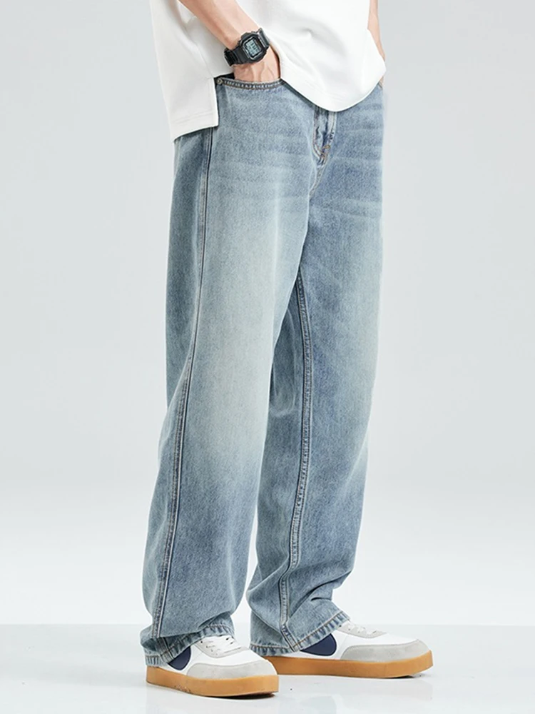 

Lightweight Summer Denim Jeans Men's Trendy Straight Loose Drapey Wide Leg Casual Long Pants mid Waist Zipper Fly