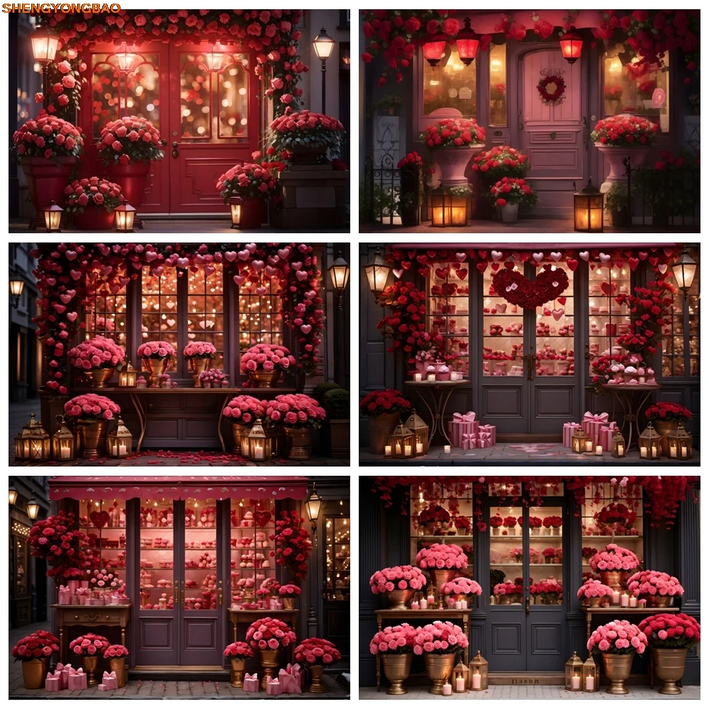 

Valentine's Day Backdrop Rose Flower Store Window Red Love Heart Wedding Photography Background Decor Banner Photo Studio Props