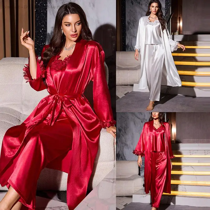 

Bridal Satin Sleepwear Female Elegant 3PCS Robe Set Sexy Strap Top&Pant Pajamas Set Long Sleeved Bathrobe Kimono Gown Homewear