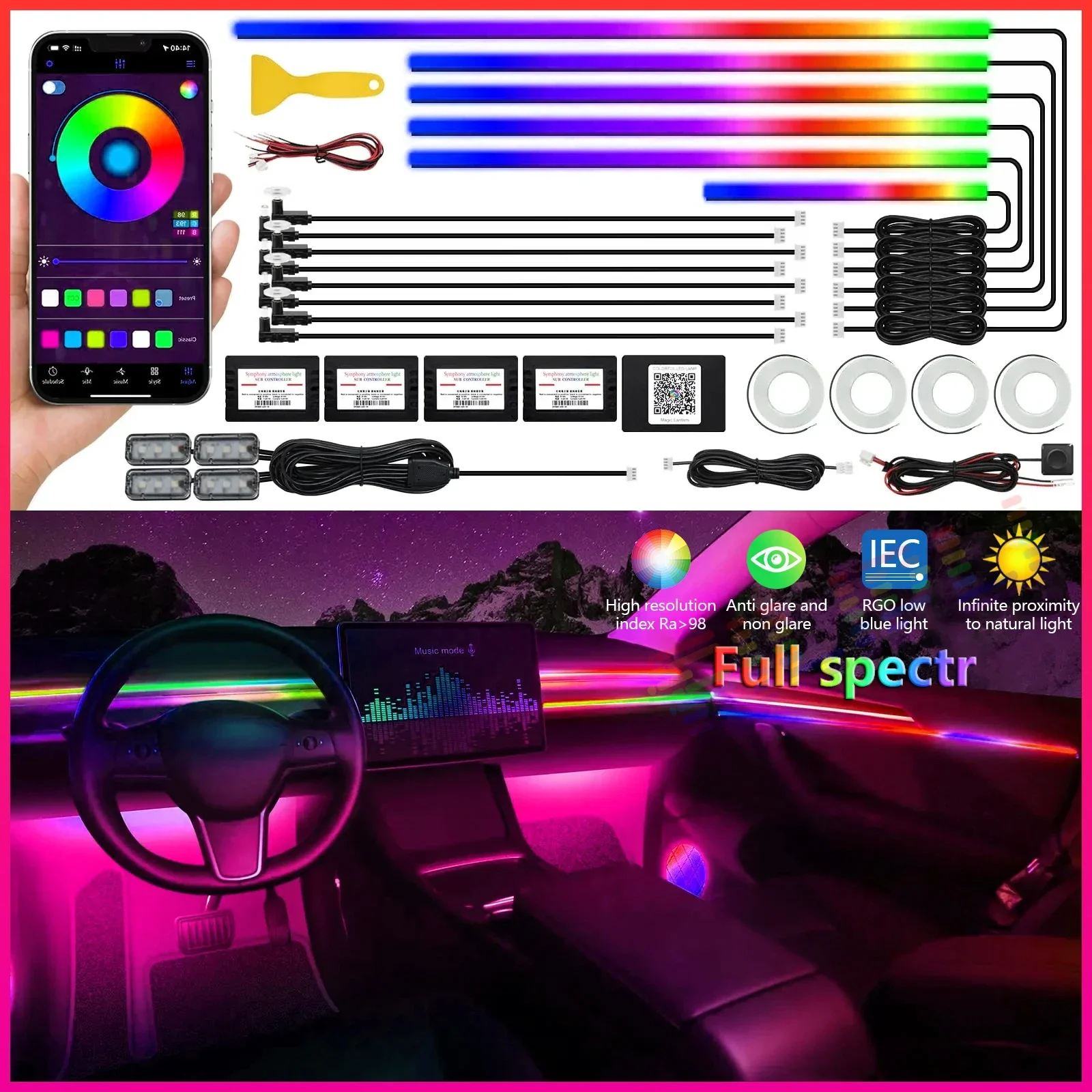 6 In1 Full Universal Symphony Car LED Ambient Lights Decoration Atmosphere Lamp 64 RGB Colorful Streamer Rainbow App Control