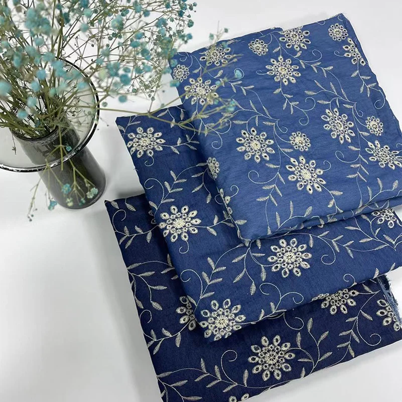 Denim Fabric Blue Thin Cotton Sunflower Embroidered Polyester Cotton No Elasticity per Half Meter