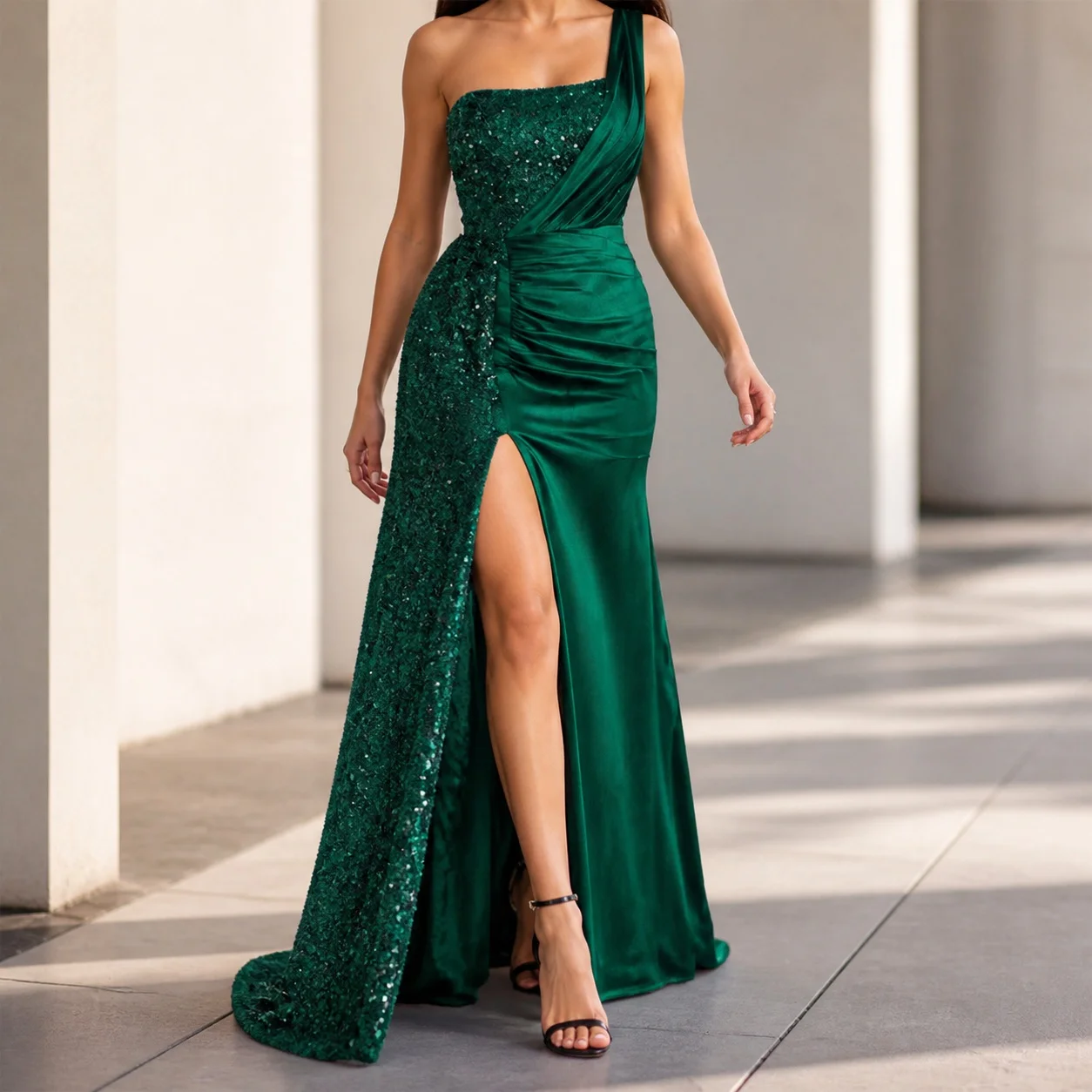 Single Midi Waist Gown with Sequin Embellishment Sweet and Fresh a Line Long Skirt Mid Waist Elegant Commuter Spring for Women