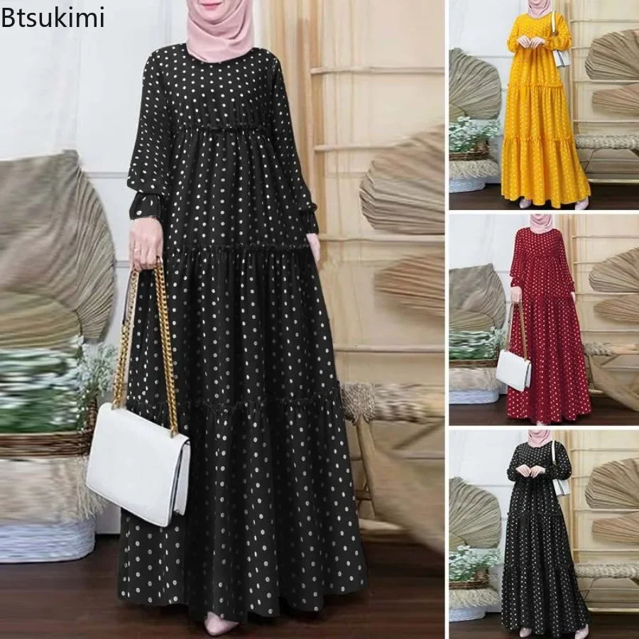 

New 2024 Women's Muslim Fashion Bohemian Polka Dot Muslim Dresses Abaya Ramadan Dubai Turkey Kaftan Modest Robe Islam Clothing