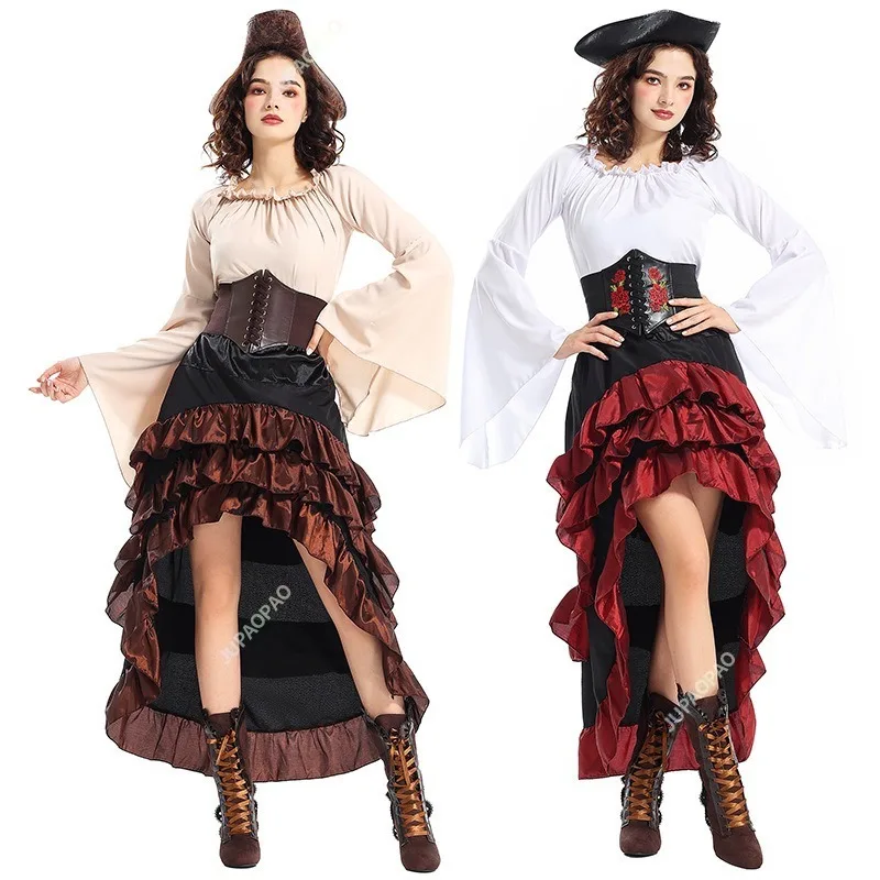 

New Steampunk Medieval Pirates Ocean Women Halloween Costumes Medieval Gothic Brown Dresses Cosplay Wearing A Waistband and Hat