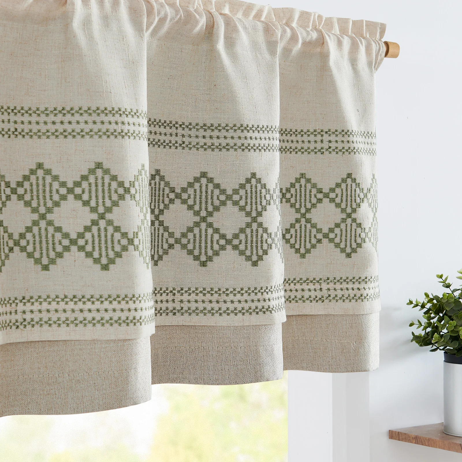 JINCHAN 50*18 Inch Embroidered Linen Valance Boho Kithchen Valance Double Layer Blackout Short Window Curtains Rod Pocket