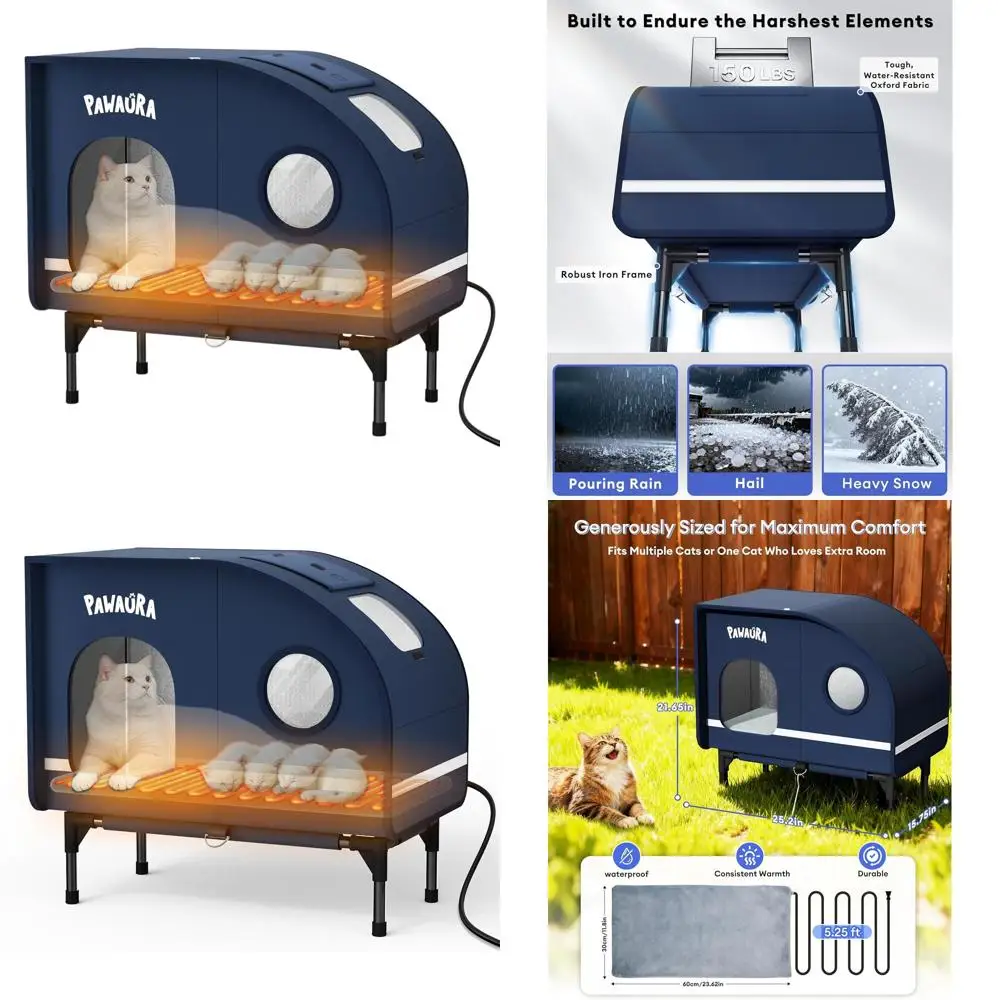

Outdoor Insulated Cat Shelter with Thermostatic Heating, Elevated Base & Skylight - Dark Blue, Large