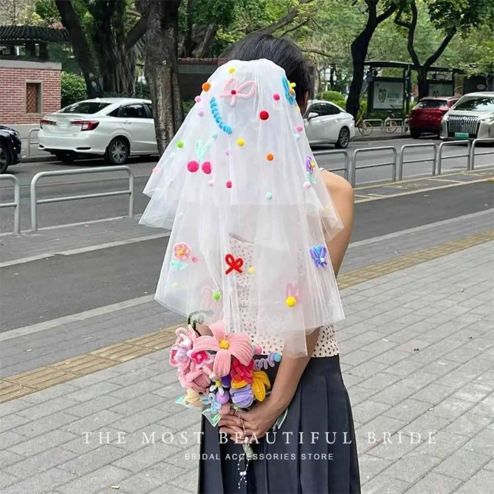 جديد حجاب الزفاف الملونة مع كليب الحلو Pompom شبكة تول فراشة صور الدعائم الحجاب الأبيض حجاب الزفاف غطاء الرأس اكسسوارات